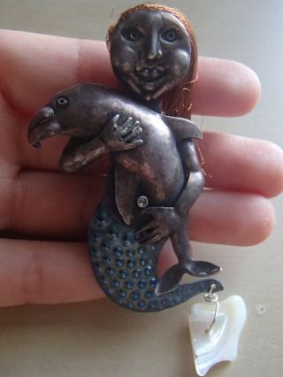 Artisan Vadra Doser 1996 Mermaid Dolphin Mixed Metal Media Modernist Brooch Pin