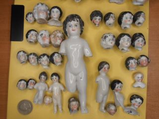 44 antique broken colored dolls bisque doll Heads frozen 1870 0,  59 - 5.  51 inch 3