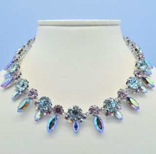 Vintage Necklace 1950s Pink & Lilac Aurora Borealis Crystal Silvertone Jewellery