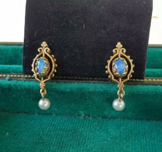 Vintage 14k Yellow Gold,  Opal & Pearl Earrings.  Pierced,  Vintage Opal,