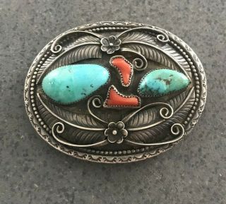 Vtg Old Pawn Navajo Benson Boyd Sterling Silver Turquoise & Coral Belt Buckle 4 "