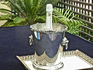 VINTAGE LARGE SILVER PLATED ICE / CHAMPAGNE BUCKET WITH 2 LEONS HEADS 2