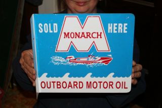 Vintage C.  1960 Monarch Outboard Boat Motor Oil 2 Sided Metal Flange Sign