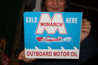 Vintage c.  1960 Monarch Outboard Boat Motor Oil 2 Sided Metal Flange Sign 2