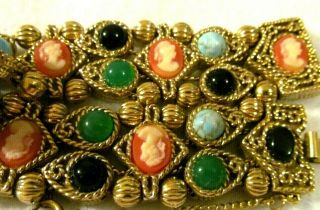 Rare Victorian Vintage Jade Turquoise Onyx Cameo Gold Wide Slide Charm Bracelet