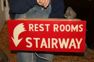Vintage C,  1970 Rest Rooms Down Stairway Gas Oil 21 " Lighted Arrow Sign