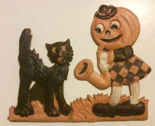Halloween German Diecut JOL Sax Player with Black Cat Rare Antique 20’s Vintage 2