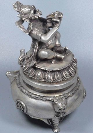 Old Collectable Miao Silver Carve Lion Buddha Lid Buddhism Pray Incense Burner 3