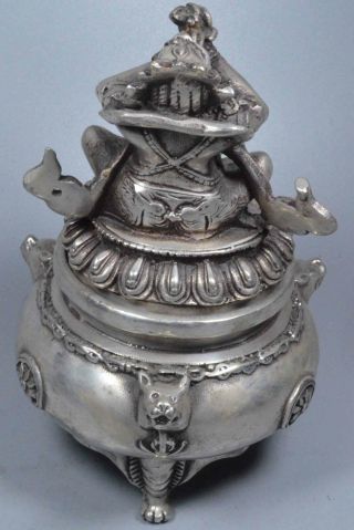 Old Collectable Miao Silver Carve Lion Buddha Lid Buddhism Pray Incense Burner 4