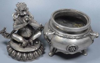 Old Collectable Miao Silver Carve Lion Buddha Lid Buddhism Pray Incense Burner 5