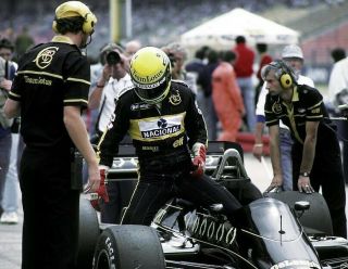Very rare 1986 Lotus Ayrton Senna,  Colin Chapman pit crew shirt.  JPS 7
