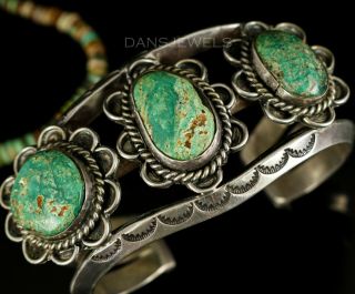 Heavy Vintage Navajo Old Pawn Green Turquoise 3 Stone Sterling Big Bracelet
