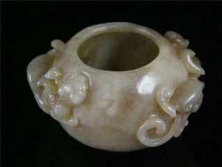 Fine Old Chinese Nephrite Celadon Jade Carved Brush Washer Statue Double Dragons