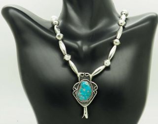 Solid Vintage Sterling Silver/925 Large Nugget Turquoise Pendant Necklace - 16 "