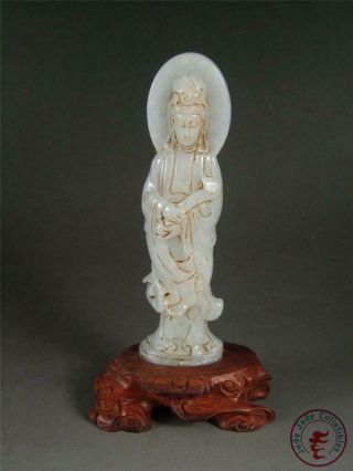 Old Chinese Jadeite Emerald Jade Carved Statue Kwanyin Image W/ Stand