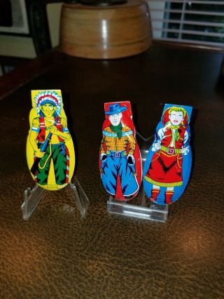 3 Vintage Tin Litho Kerchoff Noisemaker Cowboy Cowgirl Indian Chief Clicker Toys