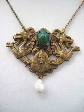 Rare Edwardian/deco Egyptian Revival Scarab & Pearl Drop Necklace