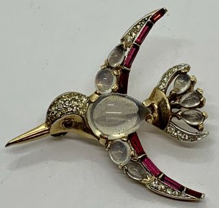 Vintage Signed Trifari Faux Moonstone Bird Brooch 2