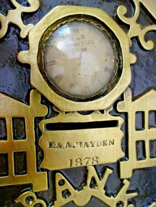 ANTIQUE VICTORIAN BRASS / IRON BANK MONEY BOX WITH CENTRAL CLOCK,  c 1878. 7