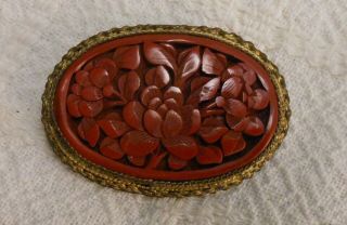 Great Antique Chinese Carved Cinnabar Brooch With Flowers