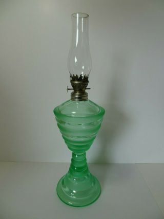 Rare Antique Vintage Green Uranium Vaseline Satin Glass Oil Kerosene Lamp Glows