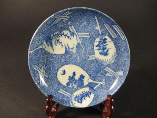 Meiji Japanese Blue White Imari Arita Porcelain Ceramic Plate Dish Fan Design