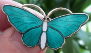 Norwegian Silver & Green Enamel Butterfly Brooch - Aksel Holmsen Norway
