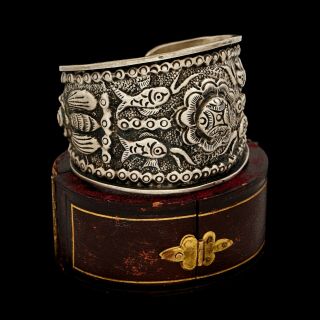 Antique Vintage Art Deco Sterling 600 Silver Chinese Tibetan Huge Cuff Bracelet