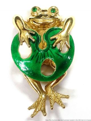 Vintage 14k Yellow Gold Natural Emerald Green Enamel Frog Lily Pad Slide Pendant