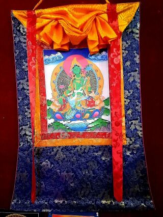 Handpainted Tibetan Green Tara Buddha Thangka Painting,  Silk Brocade