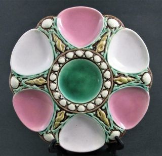 Antique Majolica 6 Well Oyster Plate - Pink,  Green,  White - Seaweed & Shells