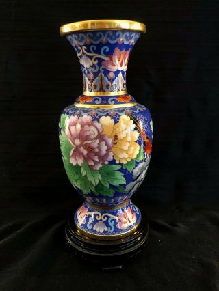 Stunning Chinese Cloisonne Enamel On Copper 8 1/2 " Vase,  Cobalt Blue W/flowers