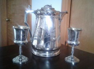 Simpson Hall Miller & Co.  Treble Plated Double Walled Pitcher With Two Goblets