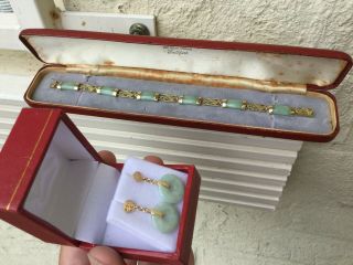 Vintage 9ct Gold Jade Bracelet & 9ct Gold Jade Earrings Boxed