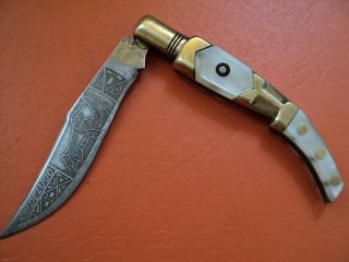 Antique Rare Spanish Navaja Mudela Arabic Type 1950 Mop Brass Acid Blade Knife