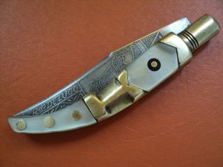 antique rare spanish navaja mudela Arabic type 1950 mop brass acid blade knife 2