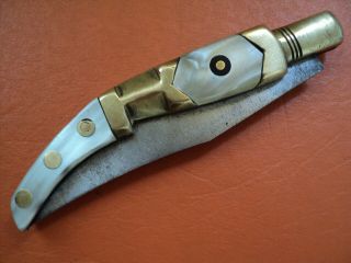 antique rare spanish navaja mudela Arabic type 1950 mop brass acid blade knife 3