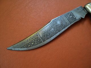 antique rare spanish navaja mudela Arabic type 1950 mop brass acid blade knife 4