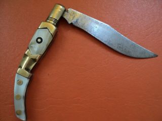 antique rare spanish navaja mudela Arabic type 1950 mop brass acid blade knife 6