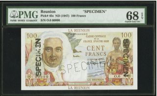 French Reunion 100 Franc Specimen Pmg Gem Unc 68 Pick 45s 1947 Finest Rare