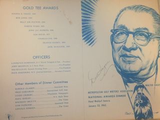 Walter Hagen Signed 1962 Writers Award Program Rare Autograph Guaranteed