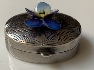 Vintage Sterling Silver & Enamel Iris Flower Pill Box,  London 1991