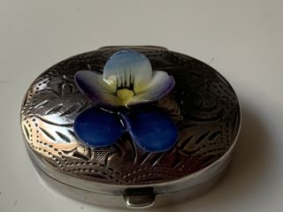 Vintage Sterling Silver & Enamel Iris Flower Pill Box,  London 1991 2