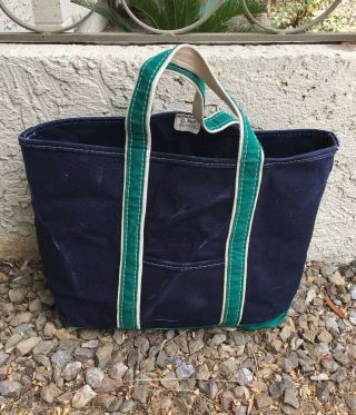 Vintage Ll Bean Tote Bag Boat And Tote Navy Blue Green White Freeport Maine