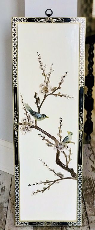 Antique Asian Oriental Carved Wood Wall Panel Hanging Birds Cherry Blossom Tree