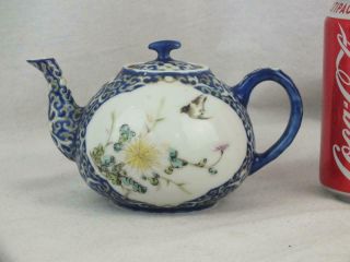 Circa 1900 Chinese Famille Rose Blue Enamelled Bird Teapot - 6 Character Marks