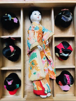 Vintage Hanako Japanese Doll With 6 Wigs In Wood Box