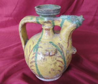 1850s Antique Ottoman Islamic Redware Hand Made Glazed Pottery Pitcher Jug