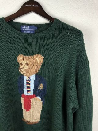 Vintage Polo Ralph Lauren Bear Sweater Sz M Executive Crest 92 Green 90s Euc