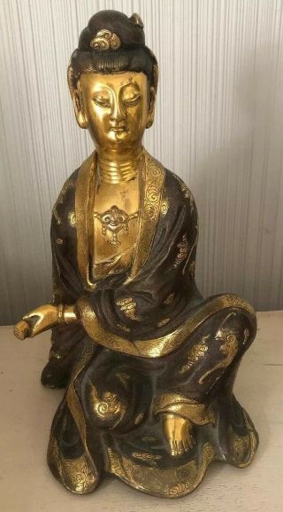 Antique Vintage Asian Chinese Tibetan? Buddha Figure Mixed Metal Gold Gilt 9.  5”